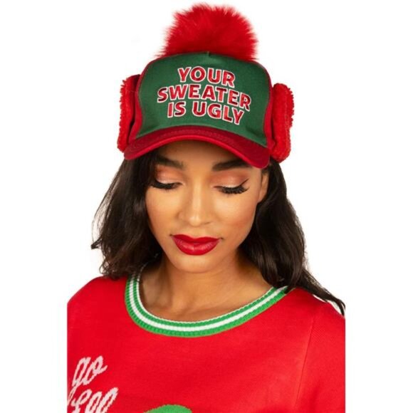 Christmas Hats for Men and Women Red Knit Ugly Sweater - Picture 1 of 4